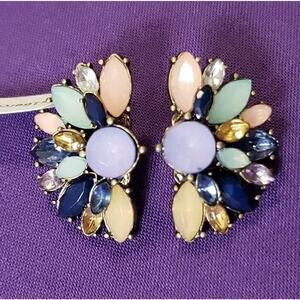 Multicolored Rhinestone Half Flower Shaped Drop Earrings Antiqued Brass Tone New